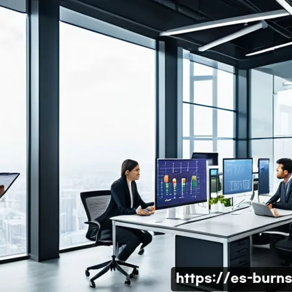 리스크 관리와 고객 신뢰 구축 - A modern office environment with diverse, professional employees collaborating around a digital dash...