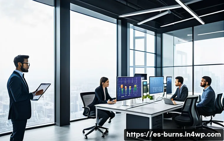 리스크 관리와 고객 신뢰 구축 - A modern office environment with diverse, professional employees collaborating around a digital dash...