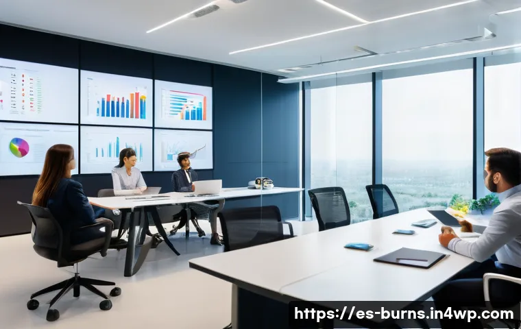 비즈니스 리스크 관리와 글로벌화 - A modern corporate office setting with a diverse team of professionals engaged in a risk management ...