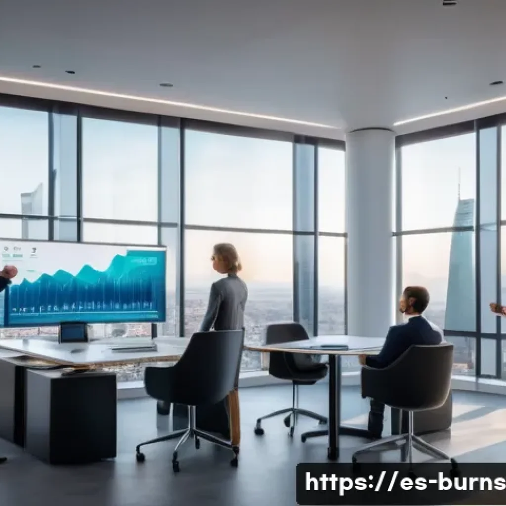 리스크 관리에서의 기술적 도전 과제 - A modern corporate office setting in Madrid, Spain, showcasing a diverse team of business profession...