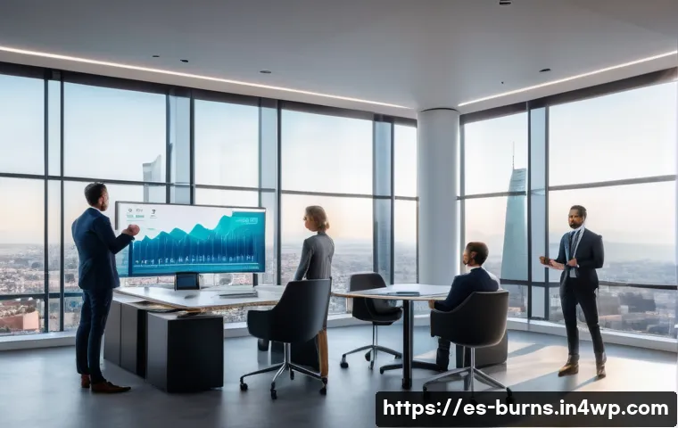 리스크 관리에서의 기술적 도전 과제 - A modern corporate office setting in Madrid, Spain, showcasing a diverse team of business profession...