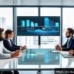 Home 22 리스크 관리와 비즈니스 모델 혁신 - A modern corporate office scene showing a diverse team of professionals engaged in a dynamic meeting...