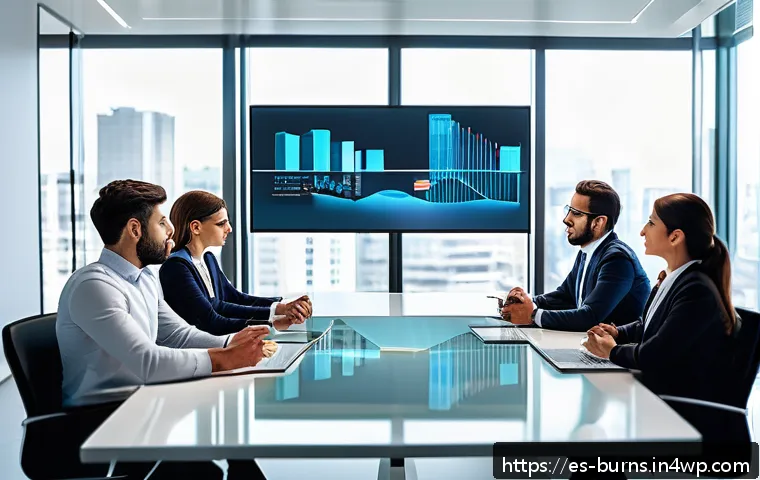 리스크 관리와 비즈니스 모델 혁신 - A modern corporate office scene showing a diverse team of professionals engaged in a dynamic meeting...