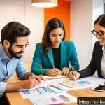 Home 19 리스크 관리의 문화적 요소 - A vibrant Latin American office scene showing a diverse team of professionals actively collaborating...