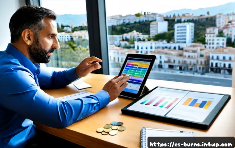 리스크 관리와 의사결정 지원 시스템 - Photorealistic risk management and decision support scene in a modern Spanish business office, a con...